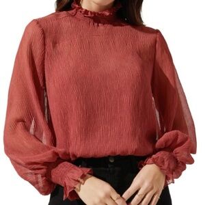 2/$10 ASTR Mock Neck Long Sleeve Autumn Brick Red Sheer Elegant Blouse M